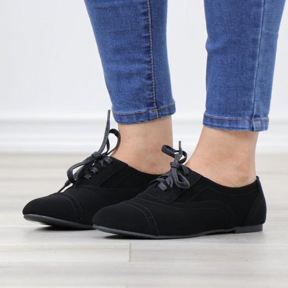 Black Faux Nubuck Lace up Flat Heel Oxford Style Shoes - Picture 11 of 12